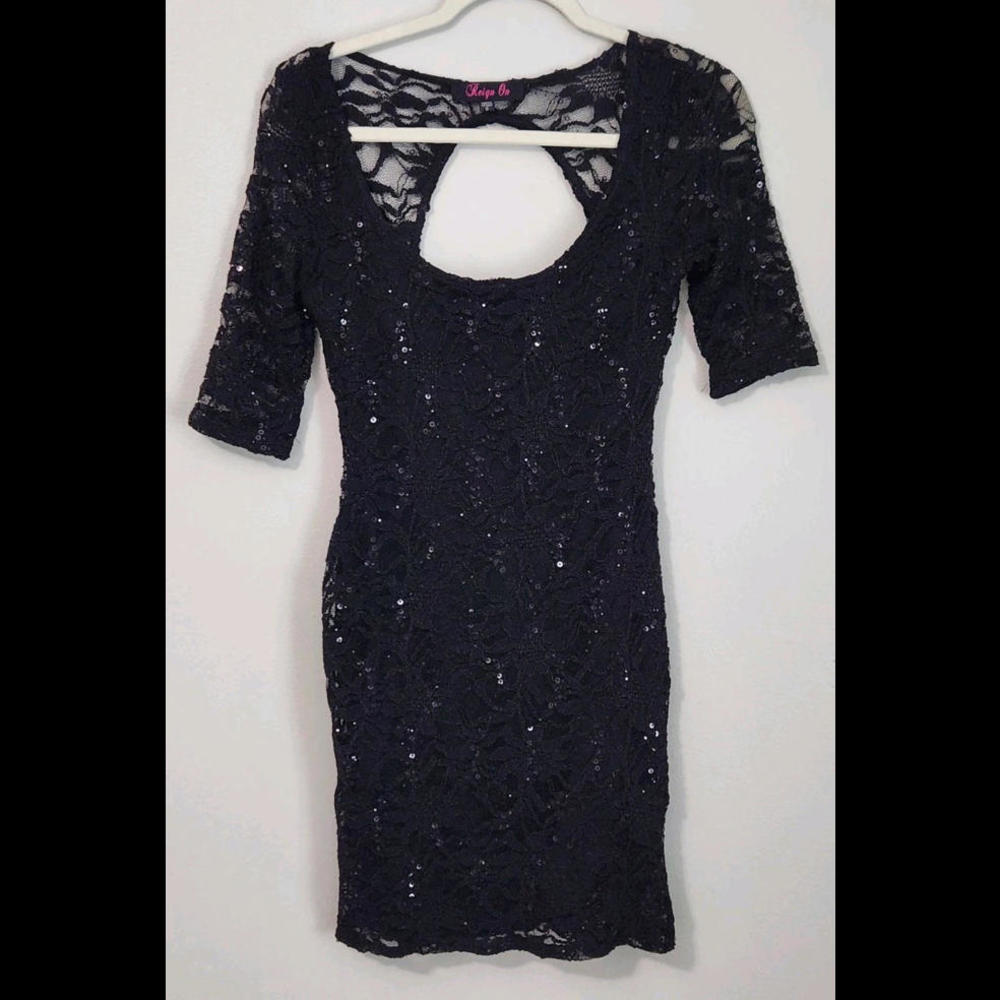 Vintage Y2k Dress Black Sequins Open Back Body Con 90s Reign On Size Small